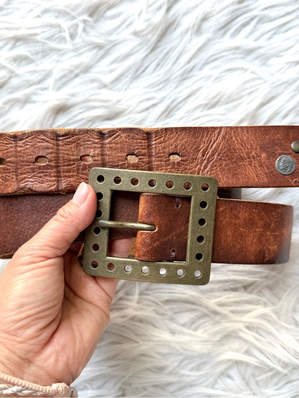 Diesel Brown Distressed Leather Belt Wide Brass Perforated Square Buckle Size 90